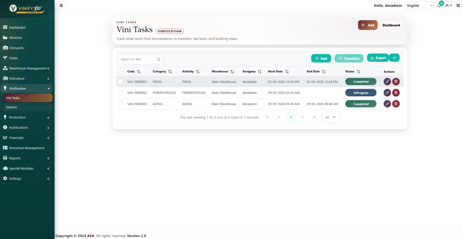 Vinify360° Vinification